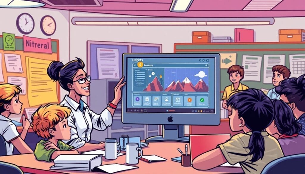 Generate an image of a futuristic classroom where a teacher is using a computer with the Heights platform on the screen, surrounded by students engaged in learning activities.