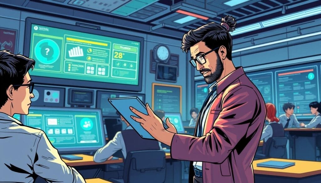Generate an image of a futuristic classroom where a teacher is using a digital tablet to create customized quizzes with the help of AI.