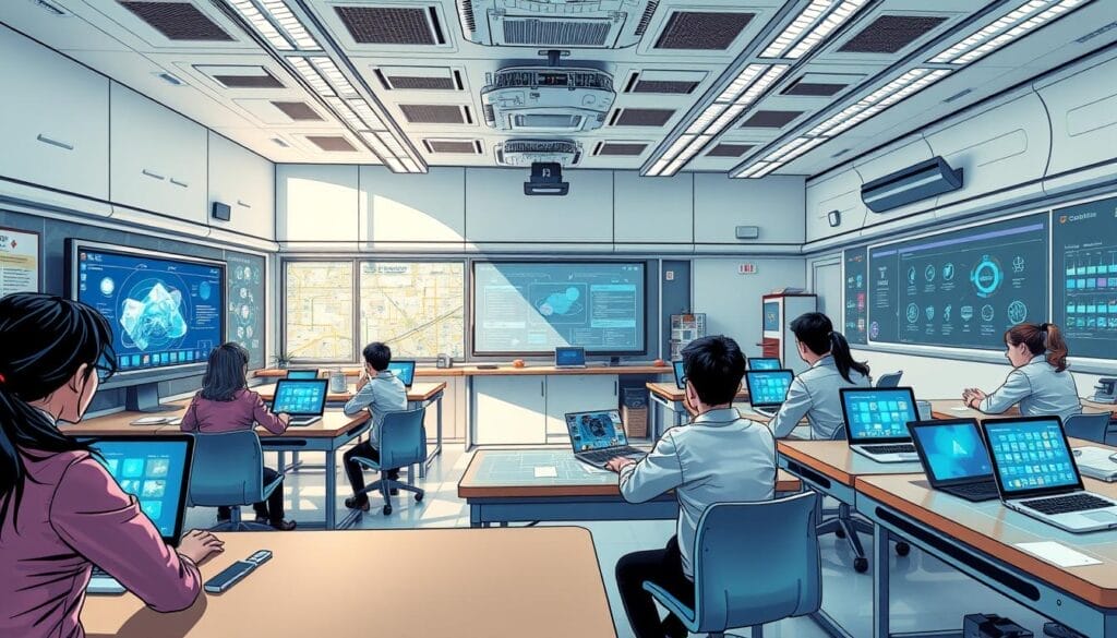 Generate an image of a futuristic classroom with AI-powered tools
