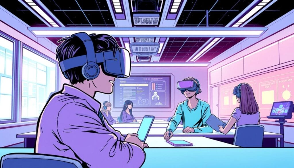 Generate an image of a futuristic classroom with students interacting in virtual reality