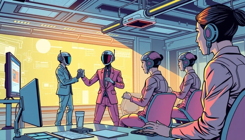 Generate an image of a futuristic corporate training environment with virtual human co-facilitators