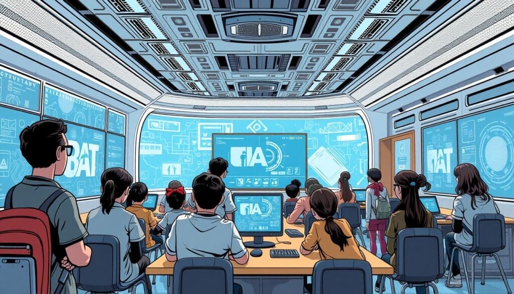 Generate an image of a futuristic learning environment with AI-powered simulations.