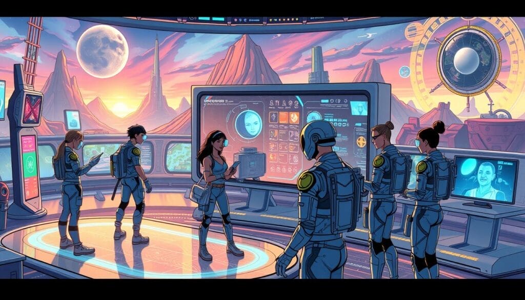 Generate an image of a futuristic onboarding experience in a metaverse environment.