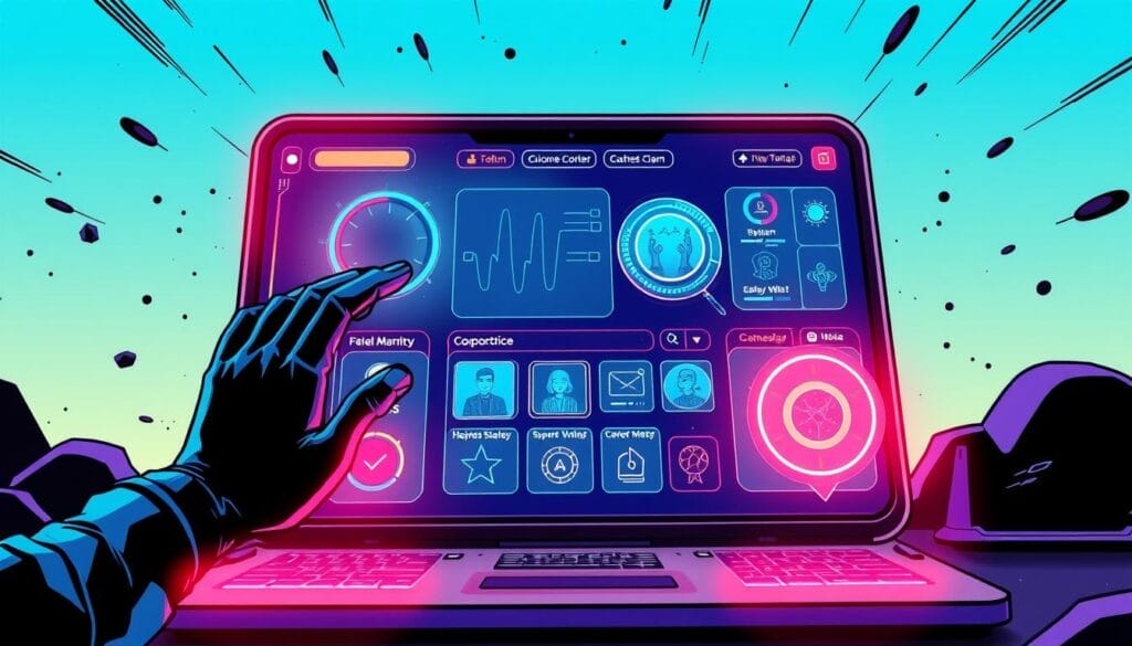 Generate an image of a futuristic onboarding interface with interactive elements and a sleek, modern design.