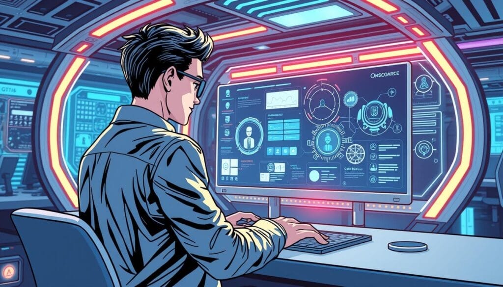 Generate an image of a futuristic onboarding platform with AI-powered features.
