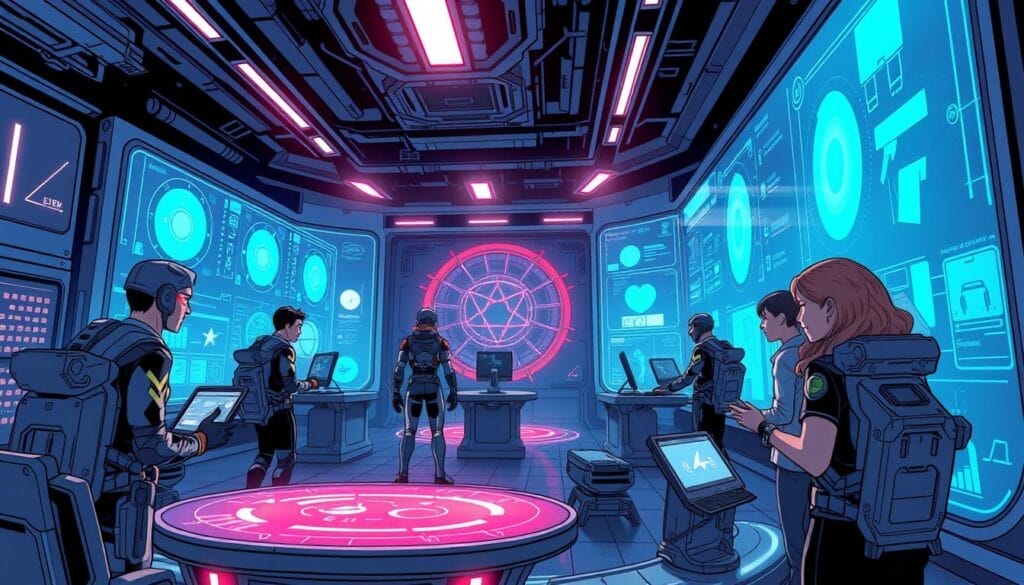 Generate an image of a futuristic onboarding process in a metaverse environment.