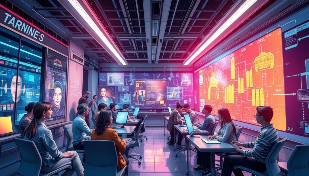 Generate an image of a futuristic workspace where professionals are engaged in a training session, surrounded by holographic displays and AI-powered feedback systems.