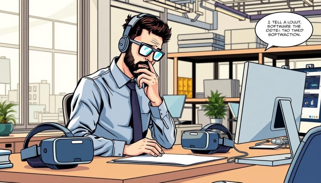 Generate an image of a manufacturing professional evaluating different VR headsets and software options.