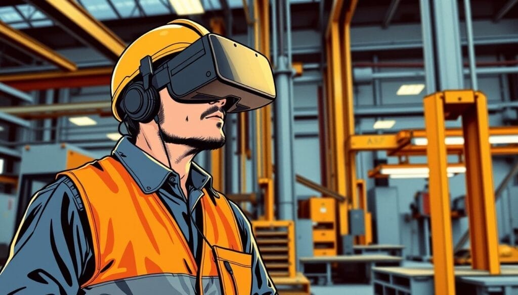 Generate an image of a manufacturing worker using VR for safety training