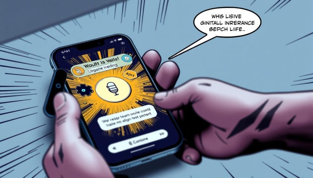 Generate an image of a mobile device showing an AI-powered onboarding interface with voice guidance.