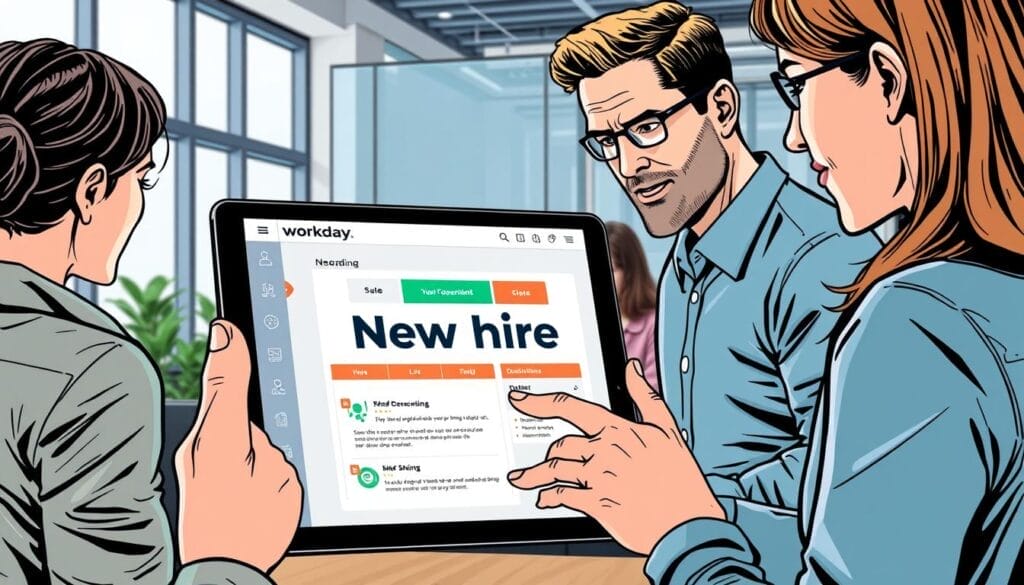 Generate an image of a new hire completing an onboarding process on a tablet with Workday's interface, surrounded by colleagues in a modern office.