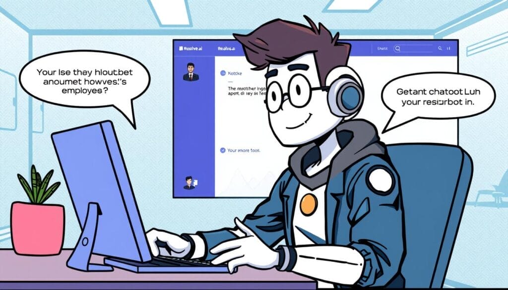 Generate an image of a new hire interacting with Rezolve.ai within MS Teams, with a chatbot answering questions.