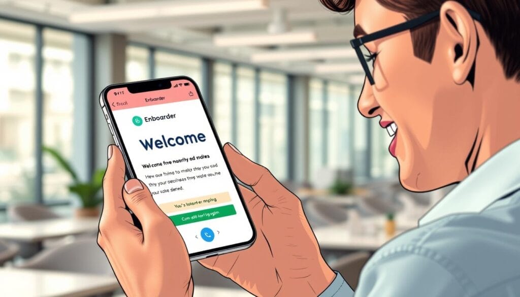 Generate an image of a new hire receiving a personalized welcome message on their mobile device through Enboarder.