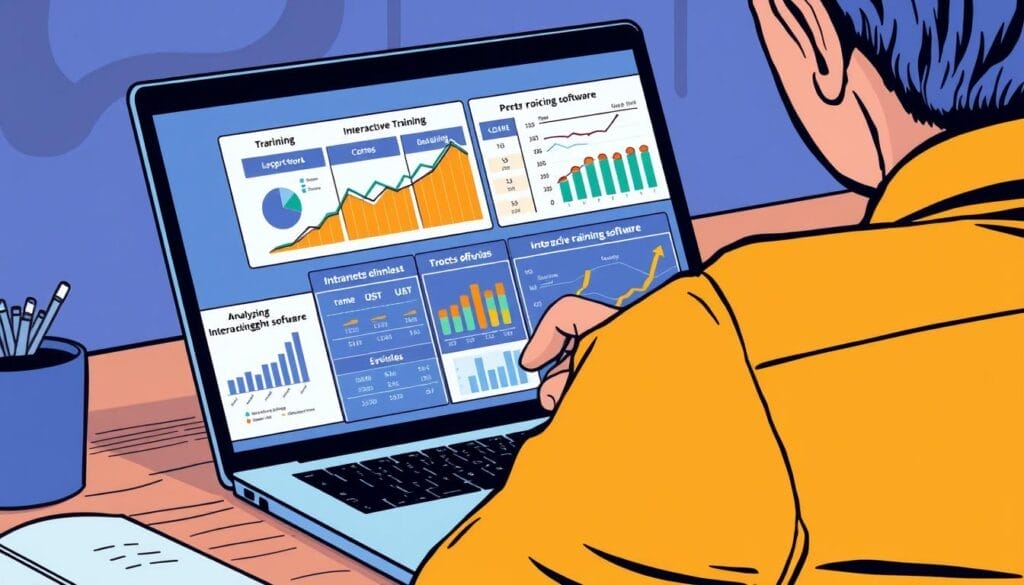 Generate an image of a person comparing different interactive training software pricing plans on a laptop.
