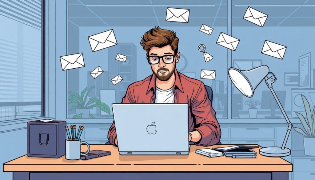 Generate an image of a person sitting at a desk with a laptop, surrounded by emails and automation tools.