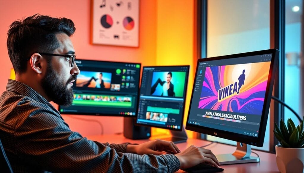 Generate an image of a person using Camtasia to edit a video.
