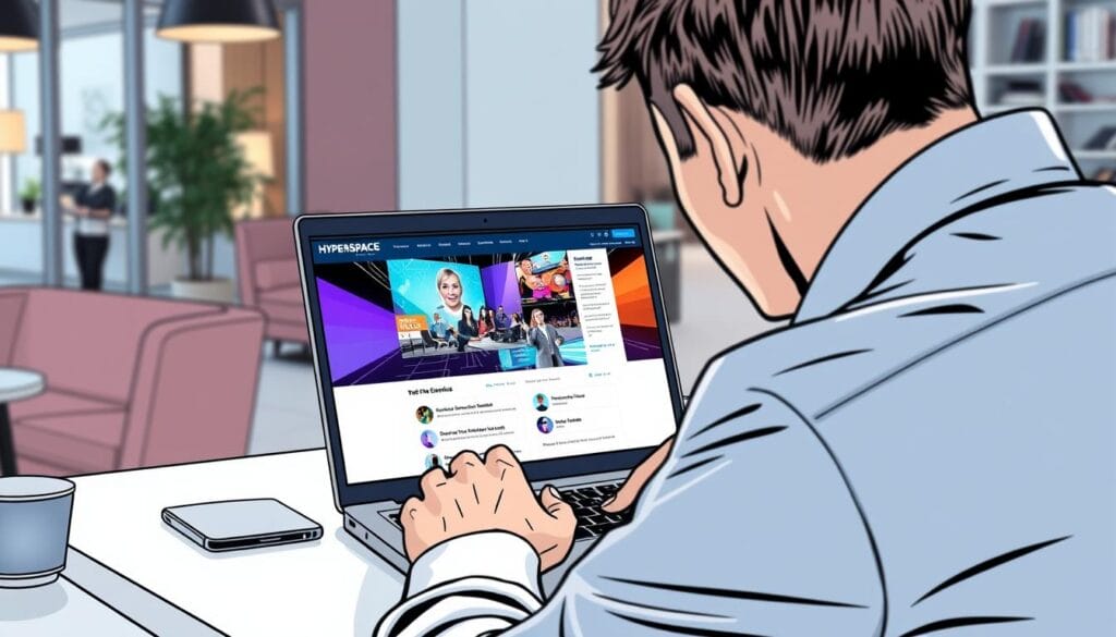 Generate an image of a person using Hyperspace virtual event management software on a laptop, with a virtual event interface on the screen.