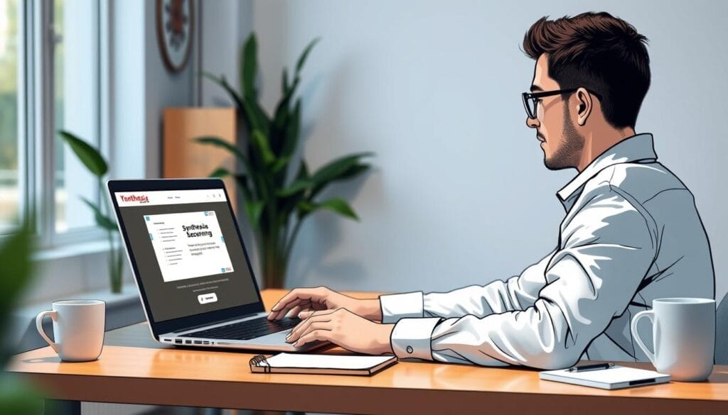 Generate an image of a person using Synthesia on their laptop to create a training video.