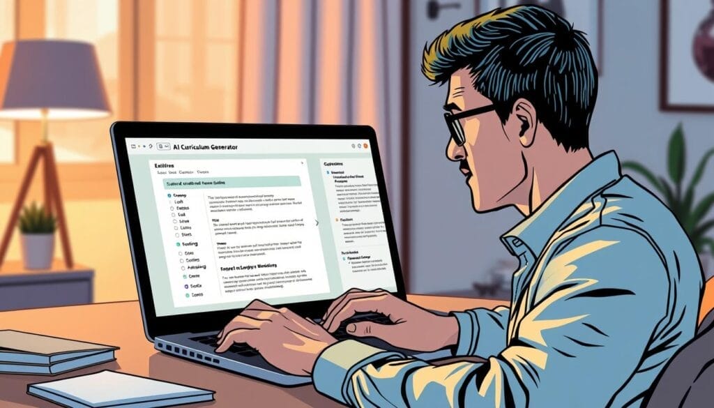 Generate an image of a person using Teachable's AI curriculum generator on a laptop, with a course outline on the screen.