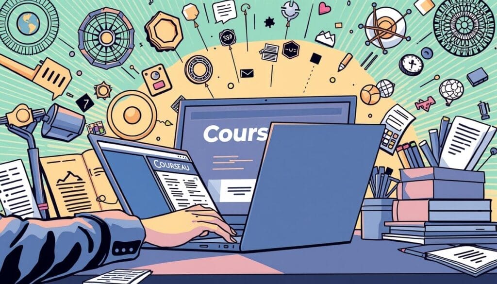 Generate an image of a person using a laptop with Courseau's interface on the screen, surrounded by elements representing AI and course creation.