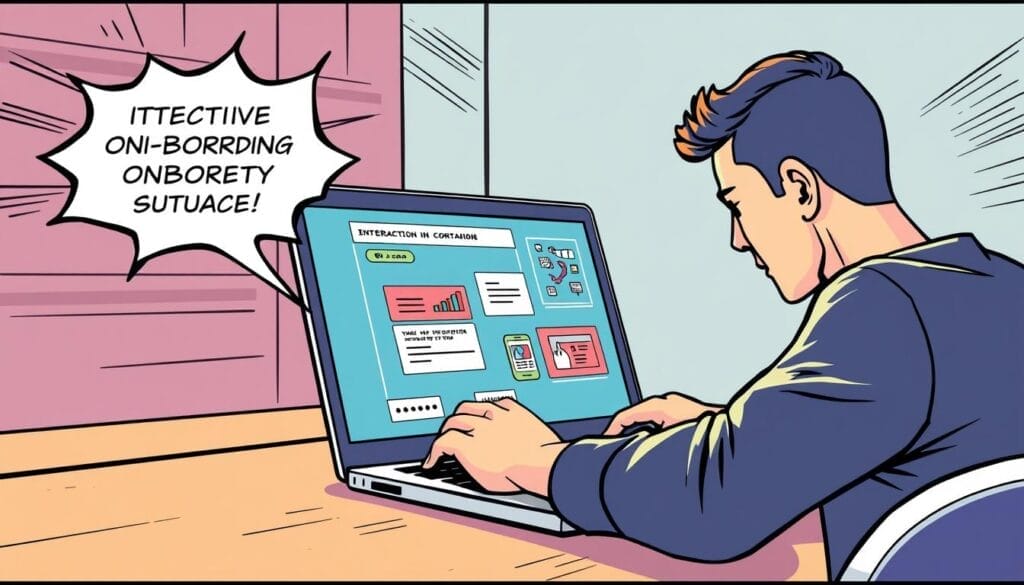 Generate an image of a person using interactive onboarding software on a laptop