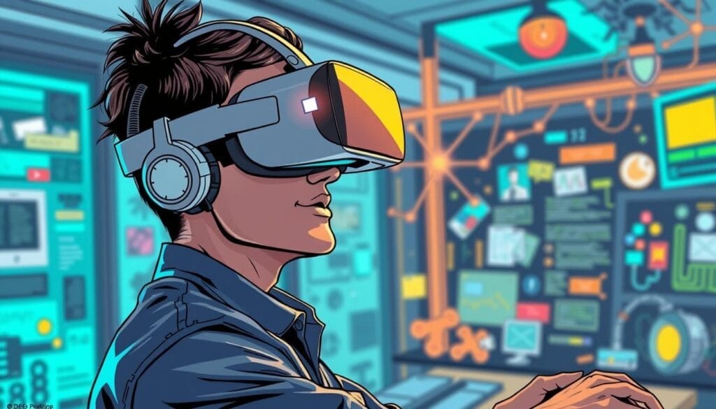 Generate an image of a person wearing a VR headset, training in a virtual environment.