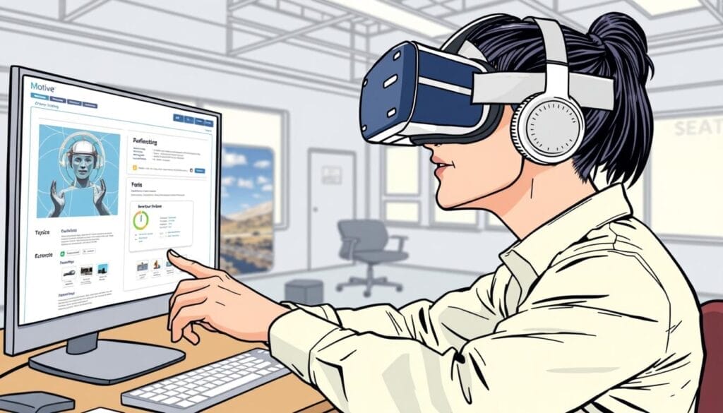 Generate an image of a professional creating immersive VR training content using Motive's no-code platform.