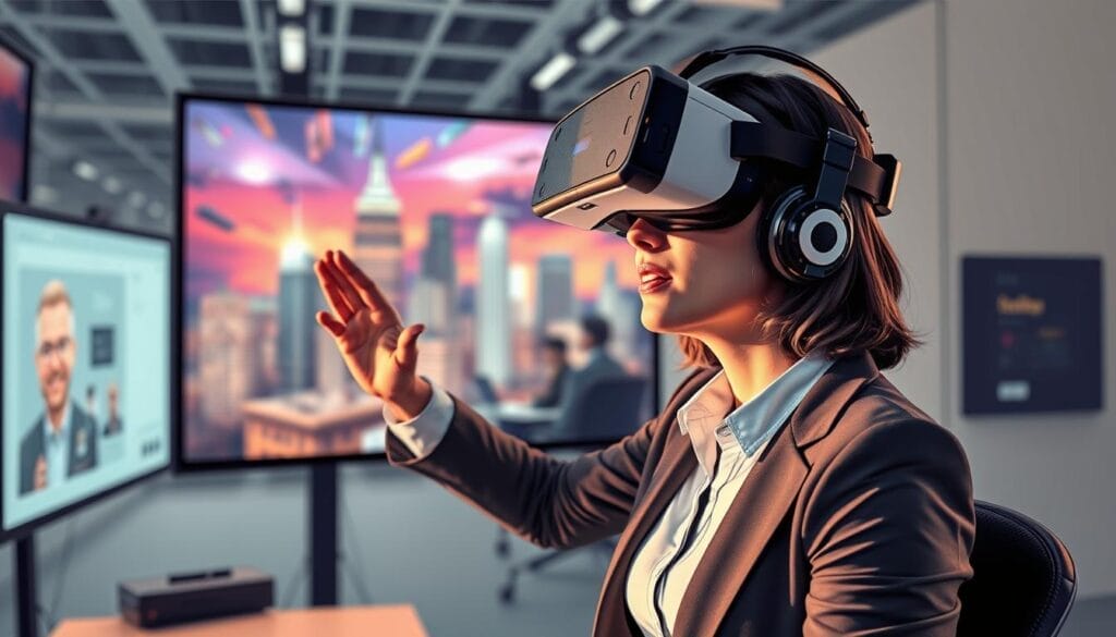 Generate an image of a professional in a VR environment practicing a presentation.
