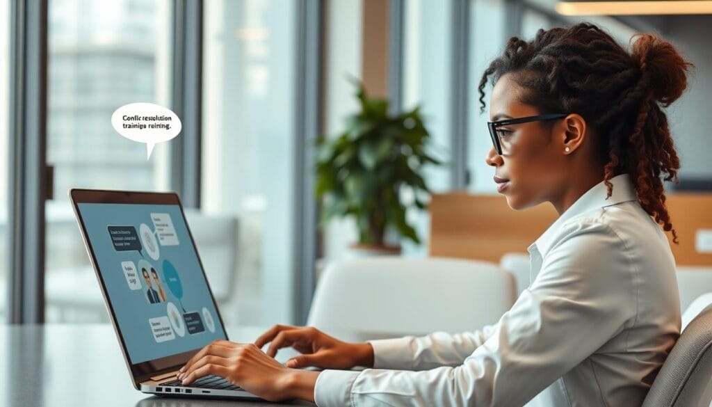Generate an image of a professional using Hyperspace's AI role-play platform on a laptop for conflict resolution training
