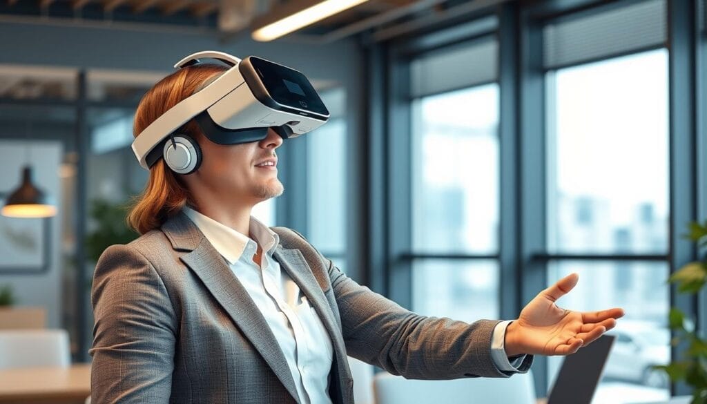 Generate an image of a professional using VR headset for compliance training
