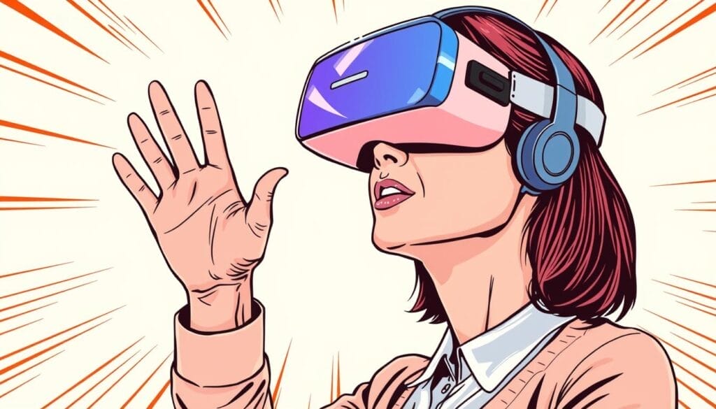 Generate an image of a professional using a VR headset for conflict resolution training