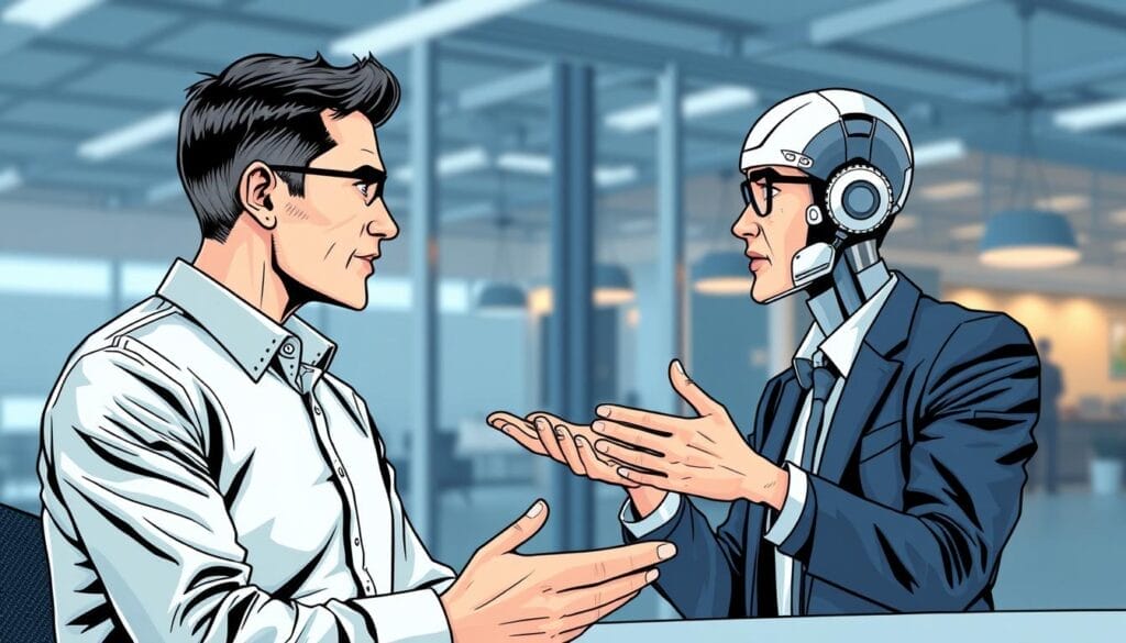 Generate an image of a sales representative interacting with a photorealistic AI avatar, practicing sales conversations.