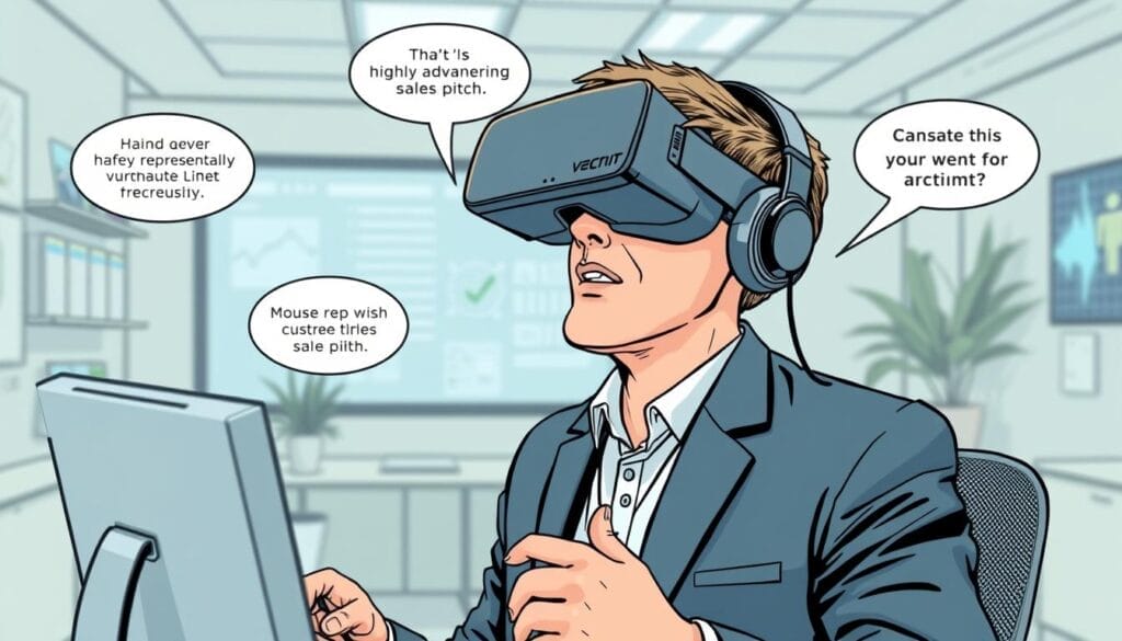 Generate an image of a sales representative practicing a pitch in a virtual reality environment with a realistic voice clone of a potential customer.
