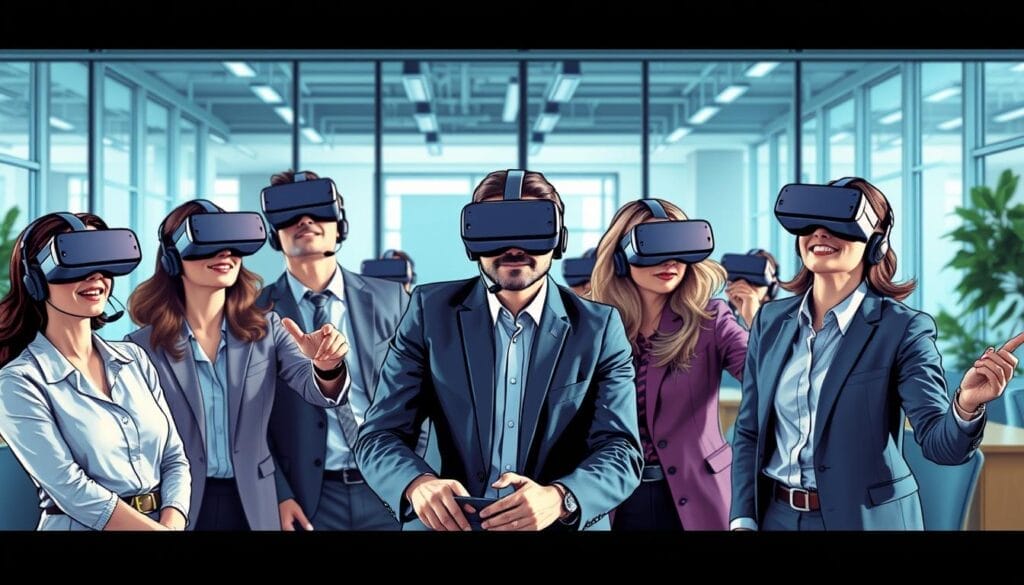 Generate an image of a sales team using VR headsets for training