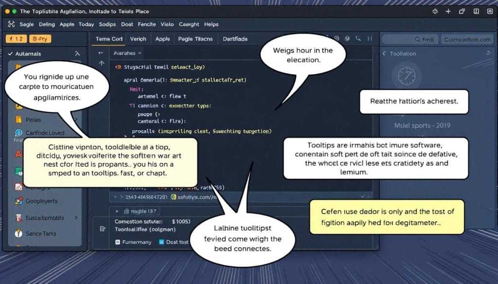 Generate an image of a software application with tooltips guiding the user through its features.