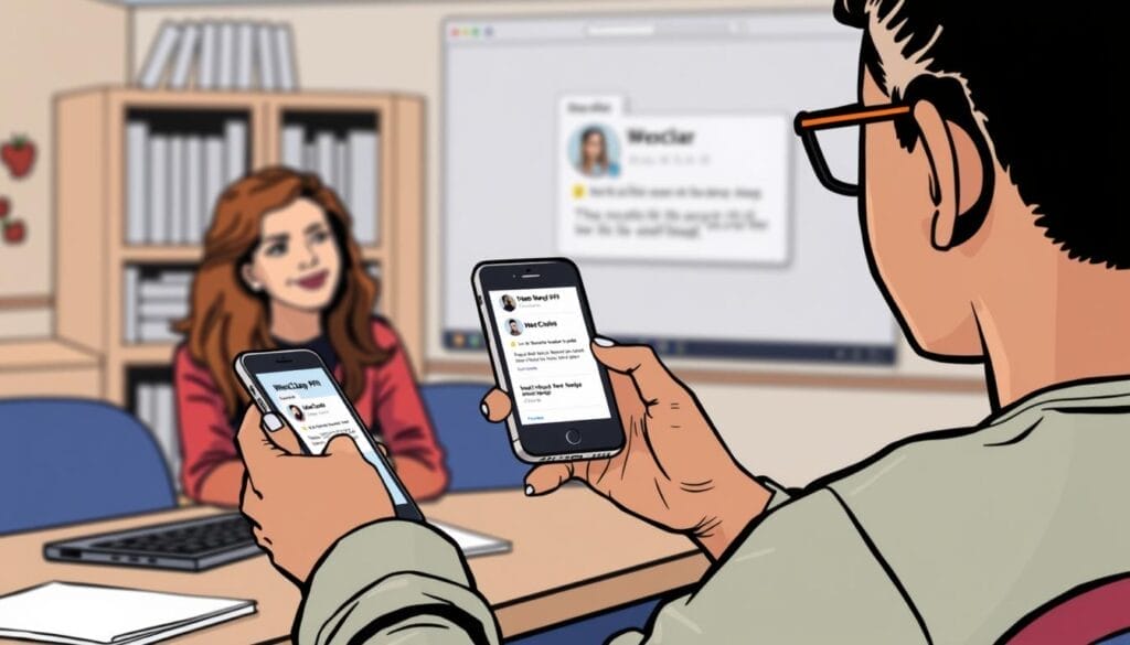 Generate an image of a student using a smartphone to participate in a Wooclap poll during a virtual class.