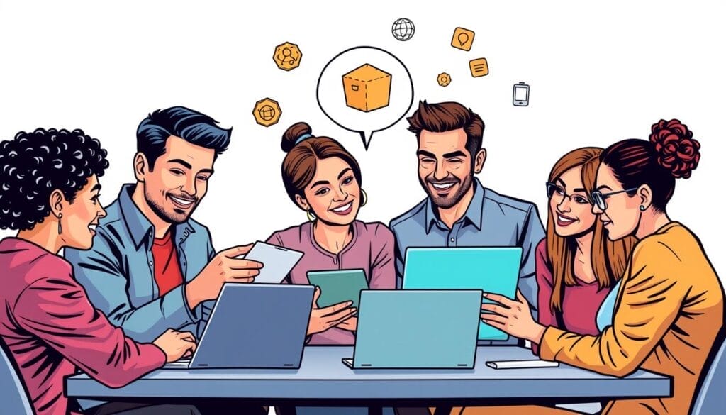 Generate an image of a team collaborating on course creation using CourseAI