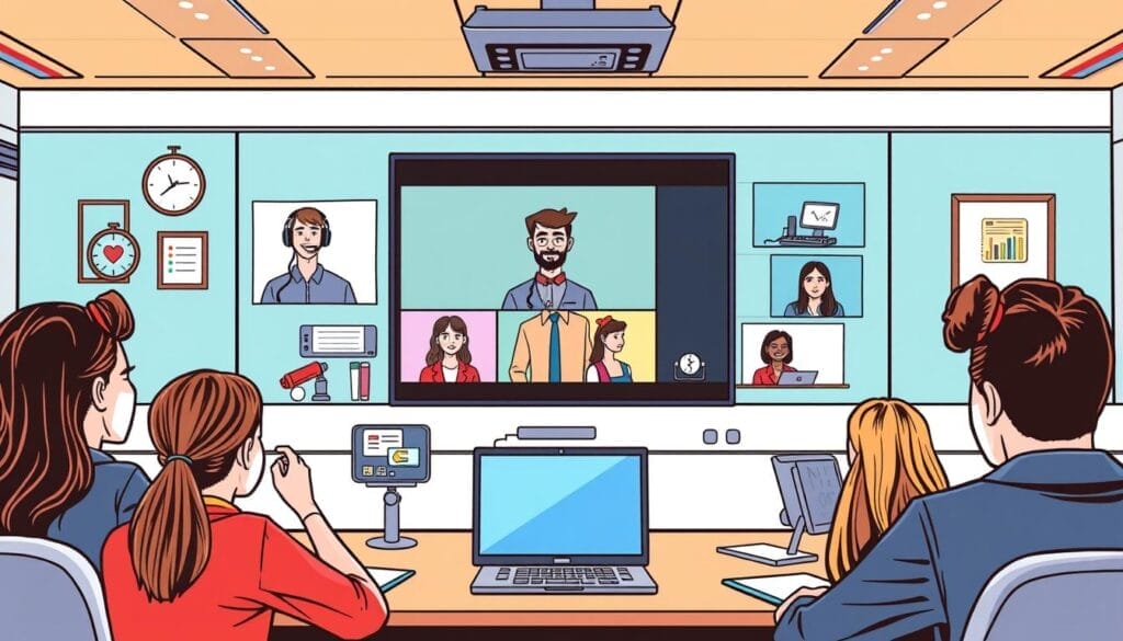 Generate an image of a virtual classroom using Zoom for Education, with students participating in a video conference.
