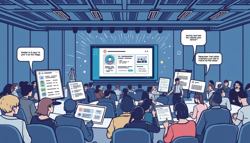 Generate an image of a virtual event platform with interactive features like activity feeds and networking tools.