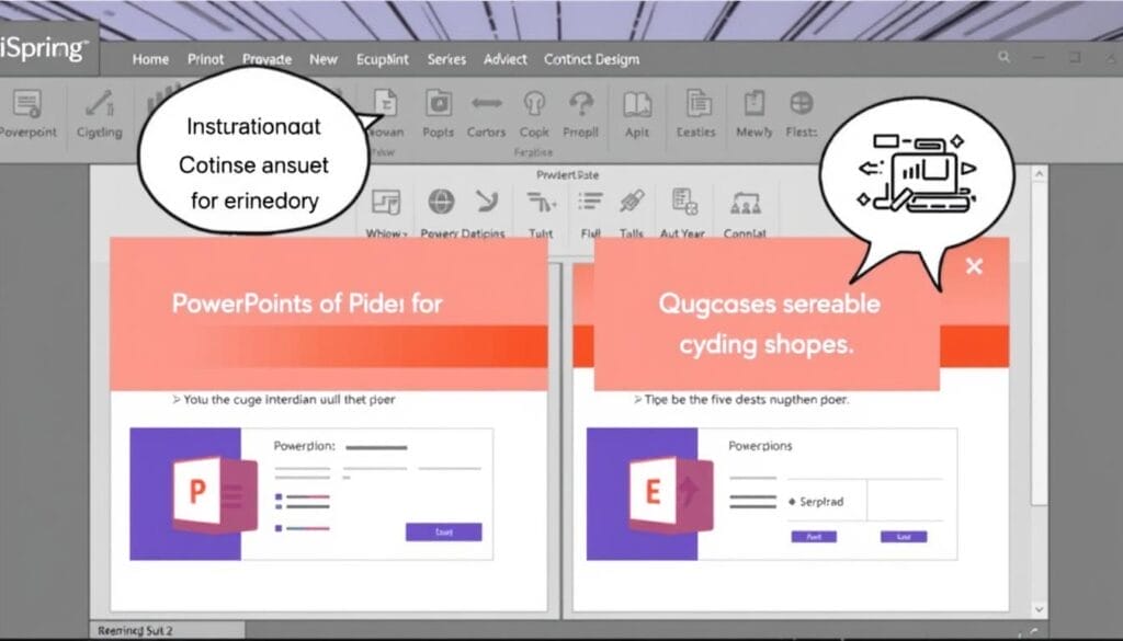 Generate an image of the iSpring Suite interface highlighting its PowerPoint integration and quiz creation features.