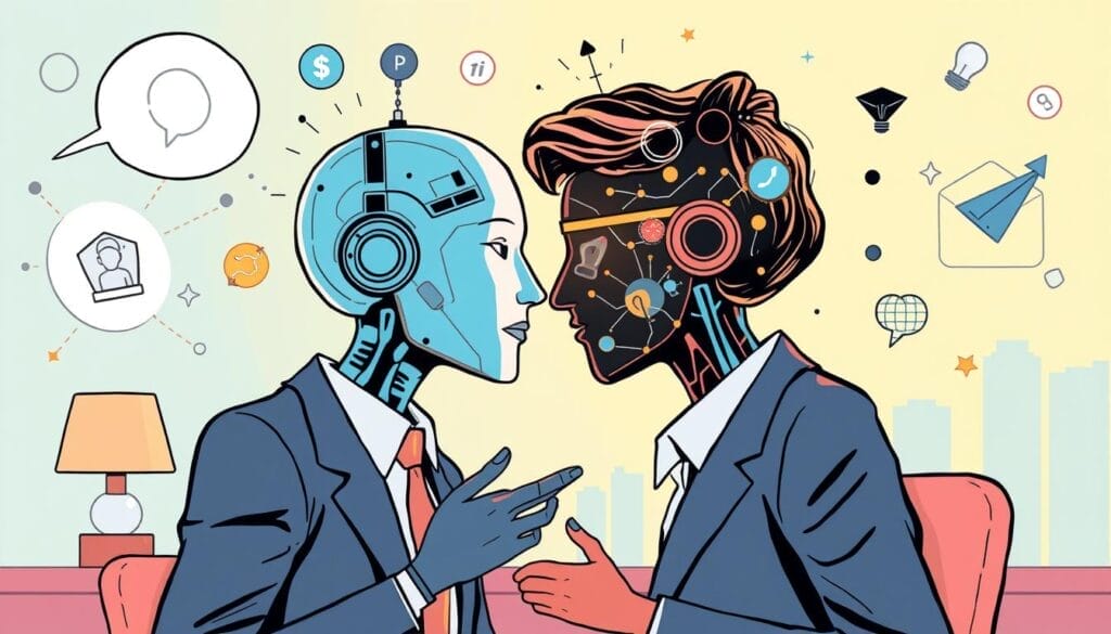 Generate an image representing the fusion of AI and human coaching in leadership development.