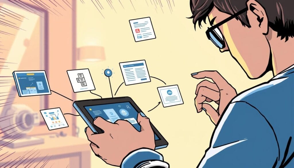 Generate an image representing the selection of AI onboarding technology, featuring a person evaluating different platforms on a tablet.