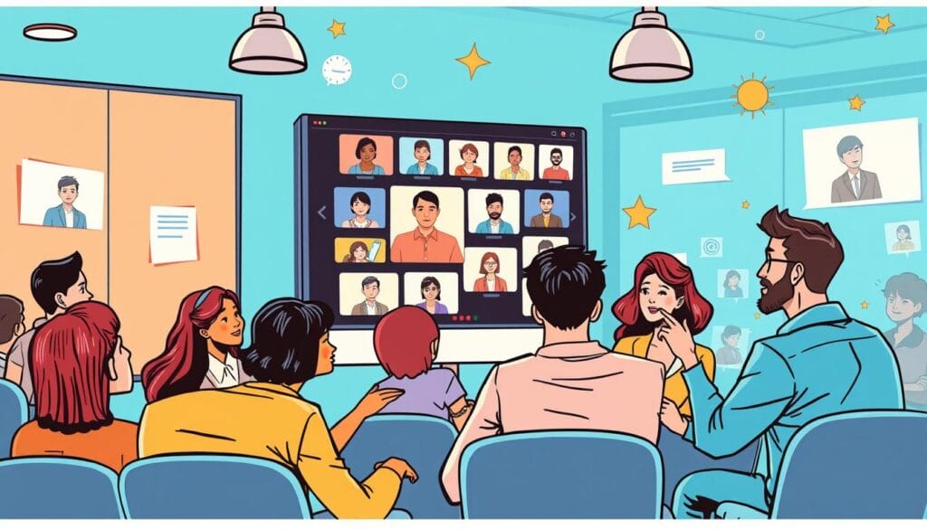 Generate an image representing virtual event management software in action, with attendees participating in a virtual conference.
