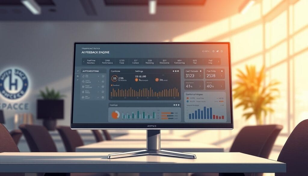 High-resolution digital illustration of an "Adaptive AI Feedback Engine" interface displayed on a sleek and modern desktop monitor. The interface features a clean, minimalist design with a central dashboard displaying real-time performance metrics, adjustable settings, and interactive visualization tools. The background is a serene, blurred office environment with hints of the "Hyperspace" brand logo visible. Warm, natural lighting casts subtle shadows, creating depth and a sense of depth. The overall mood is one of efficiency, intelligence, and a cutting-edge technological solution for power skills development.