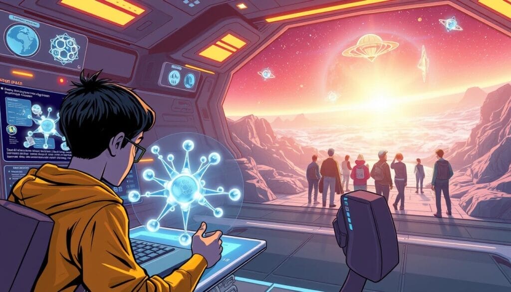 Hyperspace: A futuristic virtual learning environment filled with immersive simulations. A sleek desktop interface showcases interactive 3D models, holographic lessons, and seamless collaboration tools. In the foreground, a student explores a detailed molecular structure, manipulating it with intuitive gestures. The middle ground reveals a group of learners engaged in a dynamic virtual field trip, surrounded by stunning 3D landscapes. The background features a vast, ethereal expanse with glowing data structures, conveying the boundless potential of this metaverse-powered educational platform.