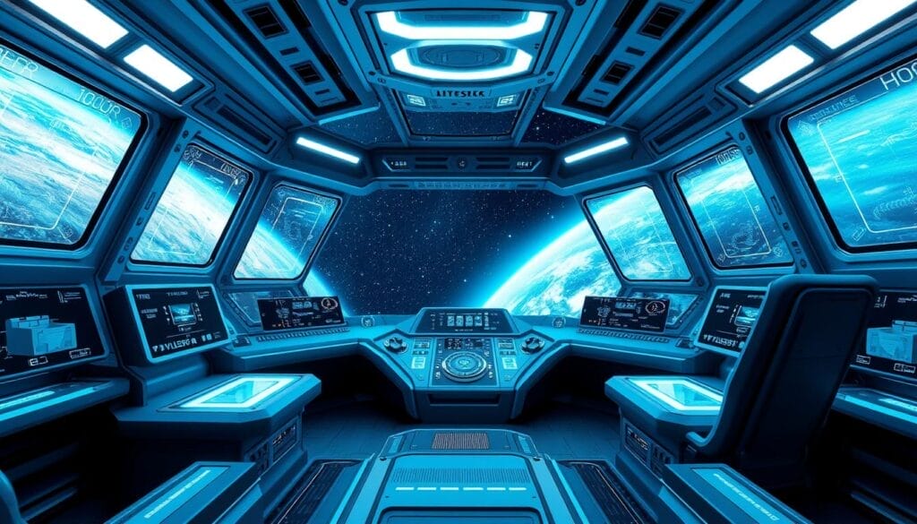 Hyperspace VR Training Platform: A sleek and immersive virtual reality interface showcasing a 3D simulation of a futuristic spaceship cockpit. Detailed control panels, holographic displays, and a vast cosmic backdrop create a sense of depth and technological sophistication. Soft blue lighting and a clean, minimalist design evoke a calming, focused atmosphere. The interface is displayed on a high-resolution screen, seamlessly blending the virtual and physical worlds. Smooth camera angles and depth of field emphasize the sense of presence and interactivity within the Hyperspace VR training environment.