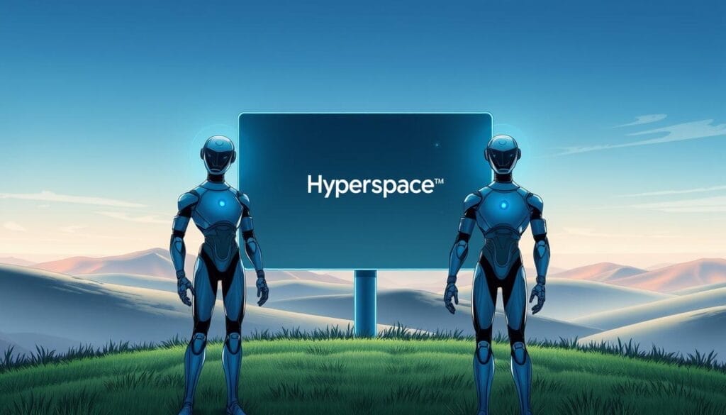 Hyperspace branding and user interface, a serene virtual environment with AI mentors guiding the user. In the foreground, two AI agents stand ready to assist, their holographic forms projecting a warm, welcoming presence. The middle ground features a sleek desktop or mobile interface, the Hyperspace logo prominent. The background depicts a tranquil landscape, with rolling hills, a calming sky, and a sense of endless possibilities. Soft, diffused lighting creates a sense of depth and atmosphere, inviting the user to explore this immersive, intelligent virtual world.