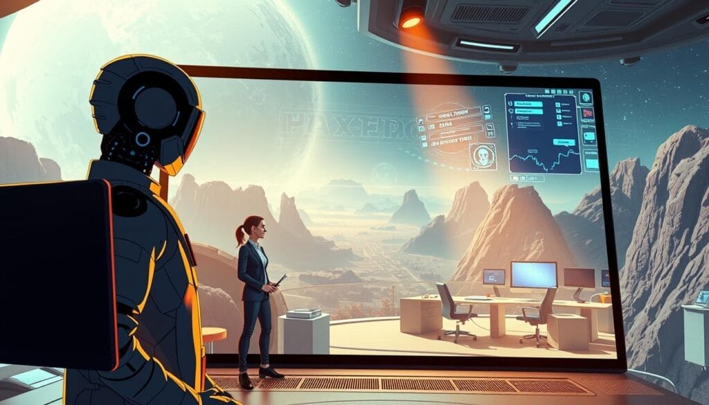 Hyperspace enterprise metaverse, a digital realm where AI mentors guide employees through immersive onboarding. Futuristic holograms and virtual agents stand ready, projected onto a sleek desktop or mobile interface. Warm lighting bathes the scene, creating an inviting atmosphere. In the foreground, an avatar representative of a new hire explores interactive tutorials and engaging conversational interactions. The middle ground features a dynamic, customizable virtual office space, with modular workstations and collaborative tools. In the background, a panoramic vista of the metaverse landscape unfolds, hinting at the boundless possibilities of this innovative enterprise ecosystem.