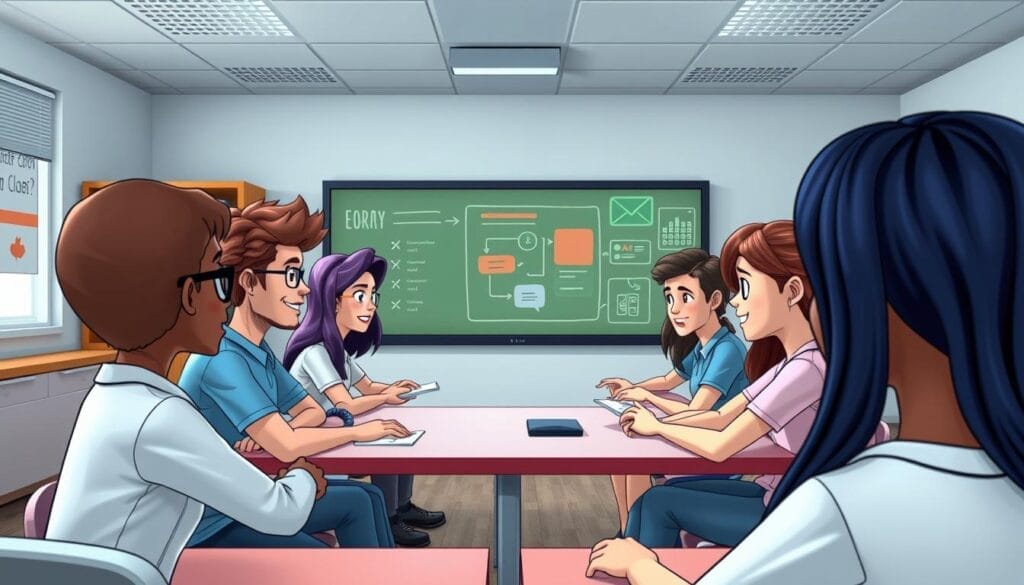 Image of a customizable 3D virtual classroom with students represented as avatars