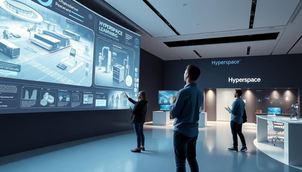 Immersive learning experiences in the Hyperspace enterprise platform. A large curved display dominates the foreground, showcasing engaging 3D simulations and data visualizations. In the middle ground, learners interact with the content using touch gestures and voice commands, immersed in a seamless digital environment. The background features a clean, minimalist office setting with sleek Hyperspace branding, conveying a sense of professionalism and innovation. Soft, ambient lighting creates a focused, productive atmosphere. The overall scene depicts a state-of-the-art, AI-powered learning system that unlocks new possibilities for enterprise-wide skill development and knowledge sharing.